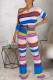 Casual Striped Print Patchwork Oblique Collar Short Sleeve Two Pieces