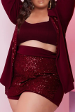Sexy Solid Sequins Turndown Collar Plus Size Three Pieces
