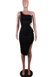 Sexy Solid Hollowed Out Patchwork Slit Oblique Collar Pencil Skirt Dresses