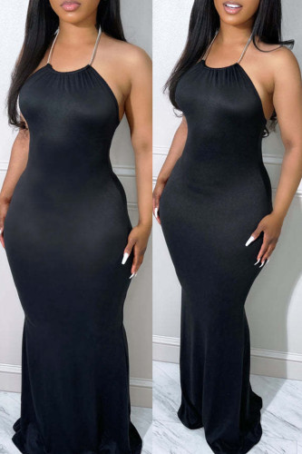 Fashion Sexy Solid Backless Halter Long Dress