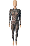 Fashion Sexy Patchwork Hot Drilling See-through Turtleneck Skinny Jumpsuits
