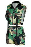 Sexy Print Camouflage Print Hollowed Out Patchwork Zipper Collar Sleeveless Two Pieces