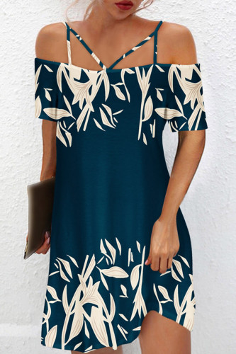 Fashion Casual Print Backless Off the Shoulder Short Sleeve Dress