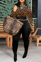 Fashion Leopard Patchwork O Neck Long Sleeve Two Pieces