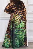 Sexy Print Leopard Patchwork Slit V Neck Straight Plus Size Dresses