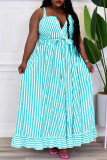 Casual Sweet Striped Print Patchwork Buckle Spaghetti Strap Sling Dress Dresses