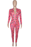 Sexy Butterfly Print Patchwork Zipper Collar Skinny Jumpsuits