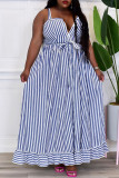 Casual Sweet Striped Print Patchwork Buckle Spaghetti Strap Sling Dress Dresses