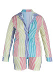 Casual Striped Print Buttons Turndown Collar Plus Size Two Pieces