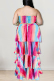 Sexy Striped Print Hollowed Out Patchwork Strapless Cake Skirt Plus Size Dresses