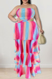 Sexy Striped Print Hollowed Out Patchwork Strapless Cake Skirt Plus Size Dresses