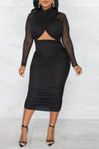 Sexy Solid Hollowed Out Patchwork Pencil Skirt Dresses