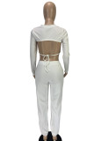 Casual Solid Bandage Patchwork Backless Long Sleeve Two Pieces