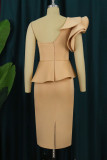 Elegant Solid Patchwork Flounce Fold Asymmetrical Collar Evening Dress Dresses