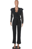 Sexy Solid Lace Bandage Patchwork Flounce V Neck Straight Jumpsuits