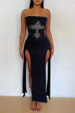 Fashion Sexy Patchwork Hot Drilling Backless Slit Strapless Sleeveless Dress