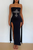 Fashion Sexy Patchwork Hot Drilling Backless Slit Strapless Sleeveless Dress