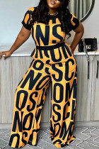 Fashion Casual Letter Print Patchwork O Neck Regular Jumpsuits