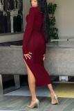 Sexy Solid Patchwork Slit O Neck One Step Skirt Dresses