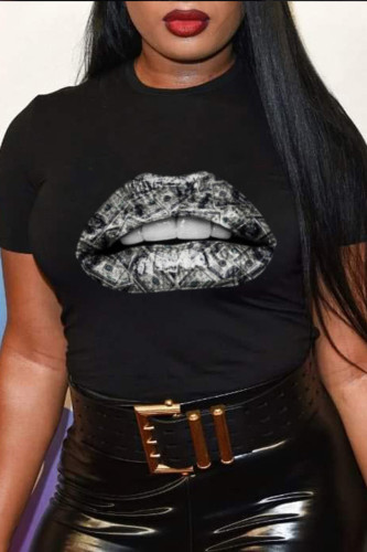 Fashion Street Lips Printed Patchwork O Neck T-Shirts