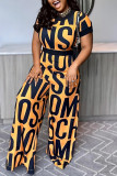 Fashion Casual Letter Print Patchwork O Neck Regular Jumpsuits