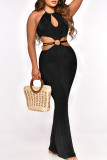 Fashion Sexy Solid Bandage Hollowed Out Backless Halter Long Dress