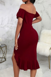 Sexy Solid Patchwork Flounce Asymmetrical Off the Shoulder Straight Dresses