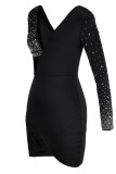 Fashion Sexy Patchwork Hot Drilling Hollowed Out Backless V Neck Long Sleeve Dresses
