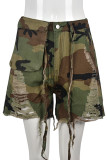 Fashion Casual Camouflage Print Ripped Patchwork Regular High Waist Shorts