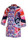 Casual Print Patchwork Buckle Turndown Collar Half Sleeve Two Pieces