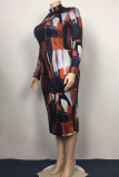 Casual Print Patchwork O Neck One Step Skirt Plus Size Dresses