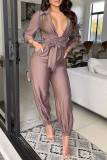 Casual Solid Bandage Patchwork V Neck Straight Jumpsuits