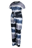 Casual Striped Print Tie Dye Bandage Patchwork O Neck Plus Size Two Pieces