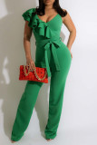 Casual Solid Bandage Patchwork Flounce Spaghetti Strap Straight Jumpsuits