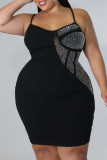 Fashion Sexy Plus Size Patchwork Hot Drilling See-through Backless Spaghetti Strap Sleeveless Dress
