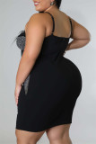 Fashion Sexy Plus Size Patchwork Hot Drilling See-through Backless Spaghetti Strap Sleeveless Dress