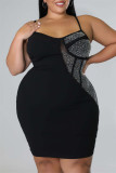 Fashion Sexy Plus Size Patchwork Hot Drilling See-through Backless Spaghetti Strap Sleeveless Dress