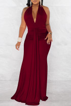 Fashion Sexy Solid Bandage Patchwork Backless Fold Halter Long Dress