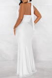 Fashion Sexy Solid Bandage Patchwork Backless Fold Halter Long Dress