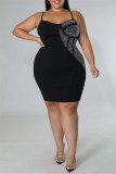 Fashion Sexy Plus Size Patchwork Hot Drilling See-through Backless Spaghetti Strap Sleeveless Dress