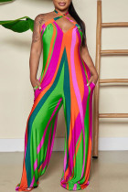 Casual Print Patchwork Halter Straight Jumpsuits
