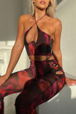 Sexy Print Bandage Patchwork Backless Asymmetrical Halter Sleeveless Two Pieces