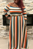 Fashion Casual Striped Print Patchwork O Neck Long Sleeve Plus Size Dresses