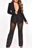 Sexy Solid Patchwork See-through Beading Turn-back Collar Long Sleeve Two Pieces