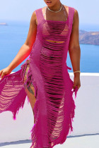 Sexy Solid Tassel Bandage Hollowed Out Patchwork Asymmetrical Swimwears Cover Up