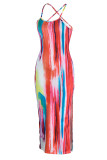 Sexy Print Hollowed Out Patchwork Slit Spaghetti Strap One Step Skirt Dresses