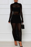 Sexy Solid Patchwork See-through Half A Turtleneck One Step Skirt Dresses