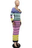 Sexy Striped Print Patchwork V Neck Pencil Skirt Dresses