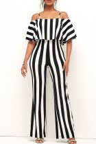 Sexy Striped Print Patchwork Flounce Spaghetti Strap Straight Jumpsuits
