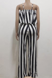 Sexy Striped Print Patchwork Flounce Spaghetti Strap Straight Jumpsuits